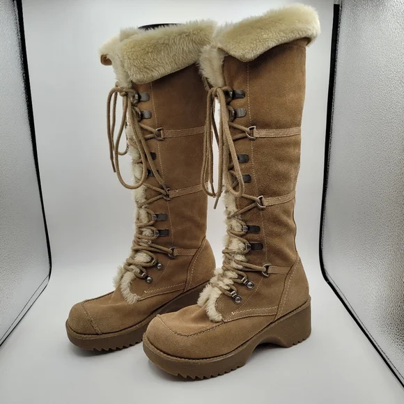 Y2K Report Icon Womens Lace-UpTan Suede Boots Faux Fur Size 8 - Picture 2 of 15